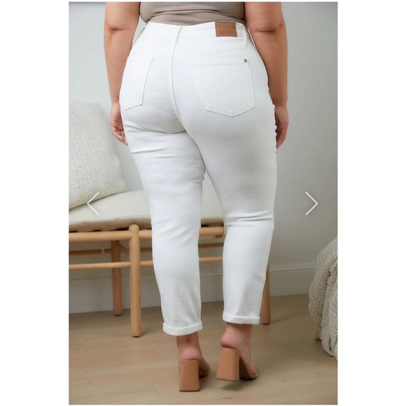 NWT Judy Blue Cheryl High Rise Cuffed Boyfriend White Denim Jeans 14W Stretch - Picture 2 of 8
